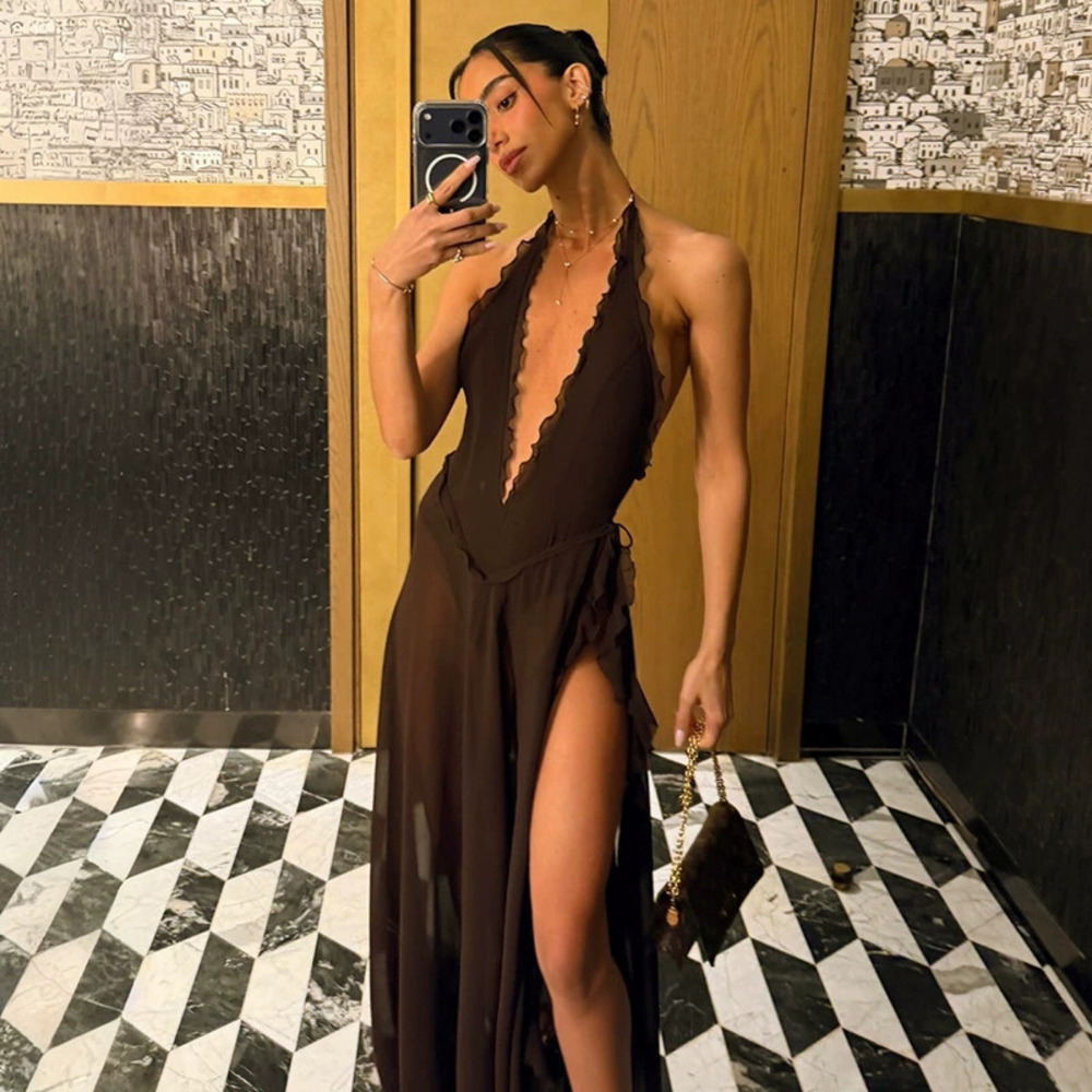 Zara Fengnv New Summer Deep V-Neck Halter Backless Solid Lace Trim Dress